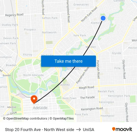 Stop 20 Fourth Ave - North West side to UniSA map