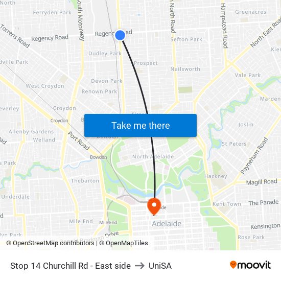 Stop 14 Churchill Rd - East side to UniSA map
