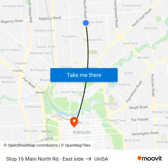 Stop 16 Main North Rd - East side to UniSA map
