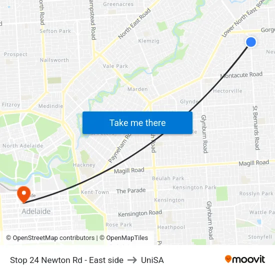 Stop 24 Newton Rd - East side to UniSA map