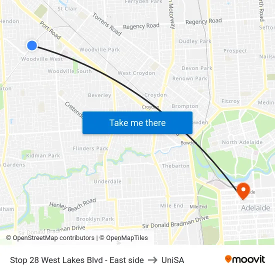Stop 28 West Lakes Blvd - East side to UniSA map