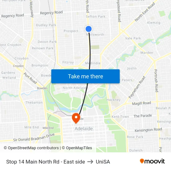 Stop 14 Main North Rd - East side to UniSA map
