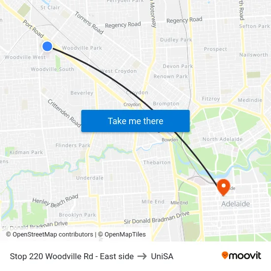 Stop 220 Woodville Rd - East side to UniSA map