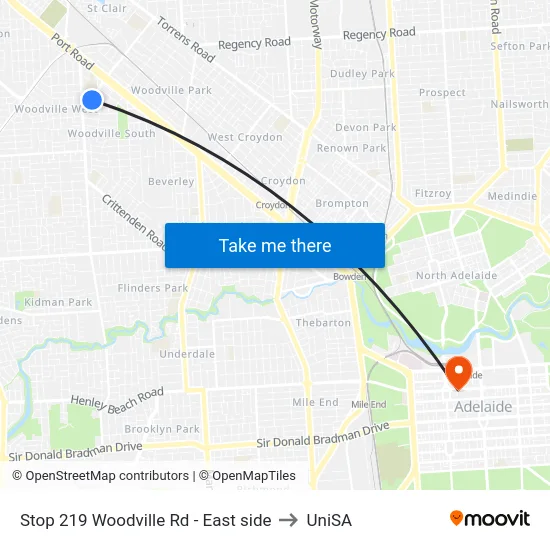 Stop 219 Woodville Rd - East side to UniSA map