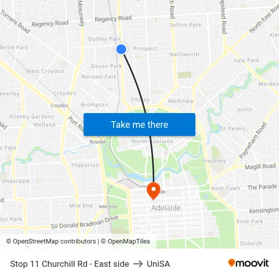Stop 11 Churchill Rd - East side to UniSA map