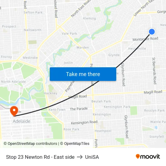 Stop 23 Newton Rd - East side to UniSA map