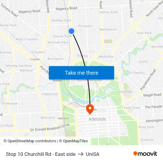 Stop 10 Churchill Rd - East side to UniSA map
