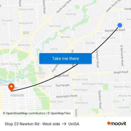 Stop 23 Newton Rd - West side to UniSA map