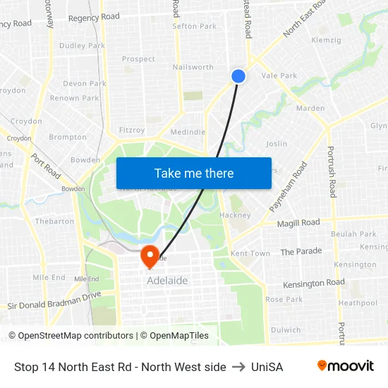 Stop 14 North East Rd - North West side to UniSA map