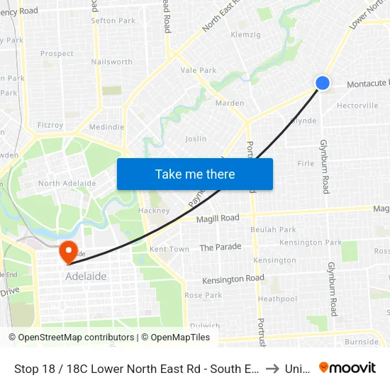 Stop 18 / 18C Lower North East Rd - South East side to UniSA map