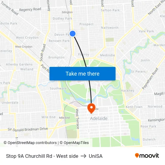 Stop 9A Churchill Rd - West side to UniSA map