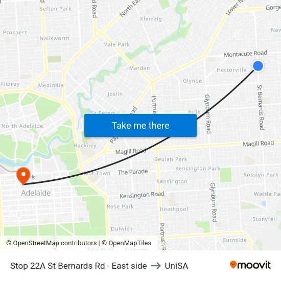 Stop 22A St Bernards Rd - East side to UniSA map