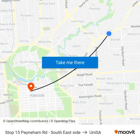 Stop 15 Payneham Rd - South East side to UniSA map
