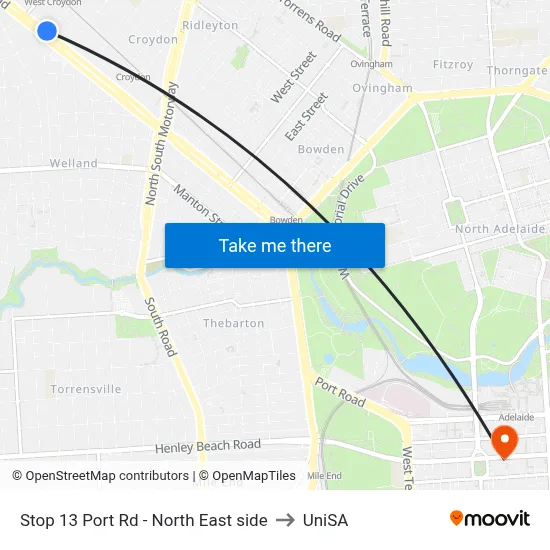 Stop 13 Port Rd - North East side to UniSA map
