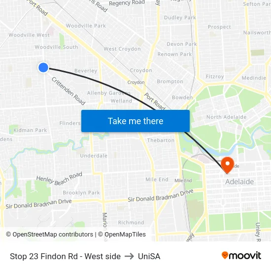 Stop 23 Findon Rd - West side to UniSA map
