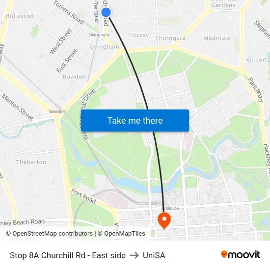 Stop 8A Churchill Rd - East side to UniSA map