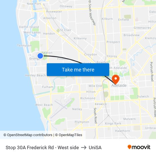Stop 30A Frederick Rd - West side to UniSA map