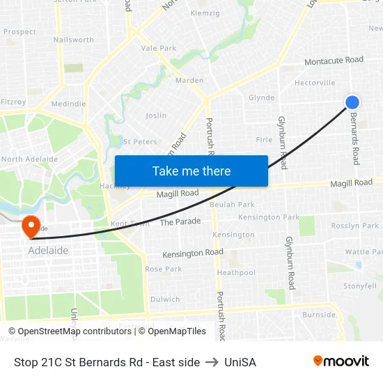 Stop 21C St Bernards Rd - East side to UniSA map