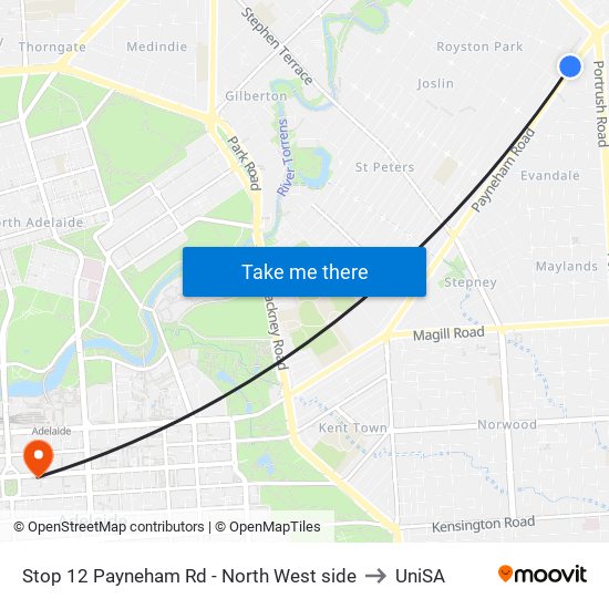 Stop 12 Payneham Rd - North West side to UniSA map