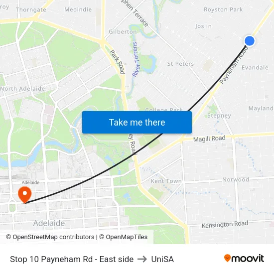 Stop 10 Payneham Rd - East side to UniSA map