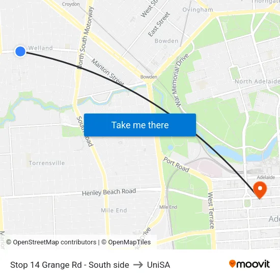Stop 14 Grange Rd - South side to UniSA map