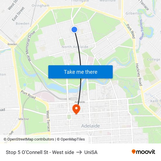 Stop 5 O'Connell St - West side to UniSA map