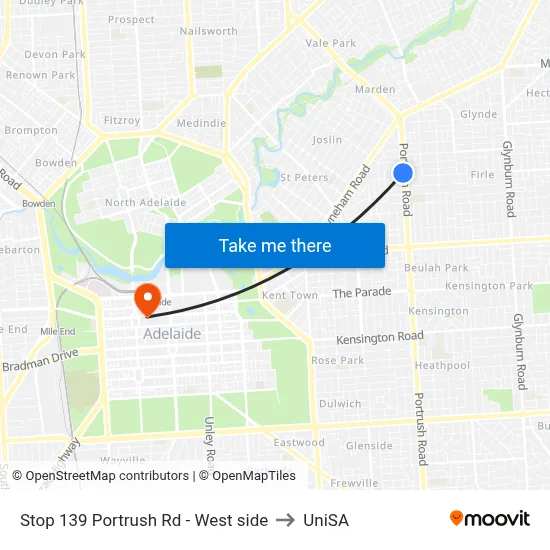 Stop 139 Portrush Rd - West side to UniSA map