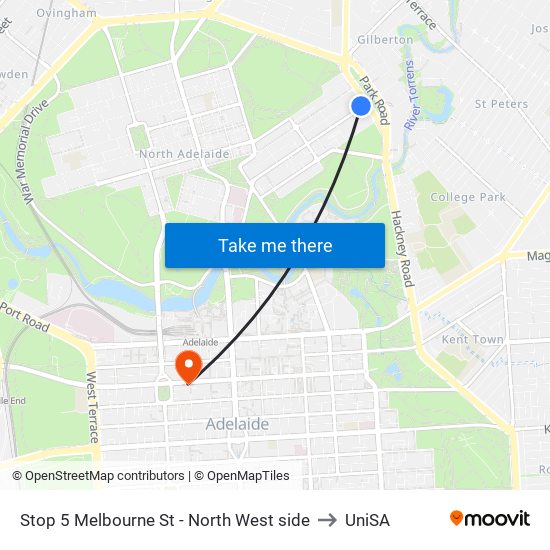 Stop 5 Melbourne St - North West side to UniSA map