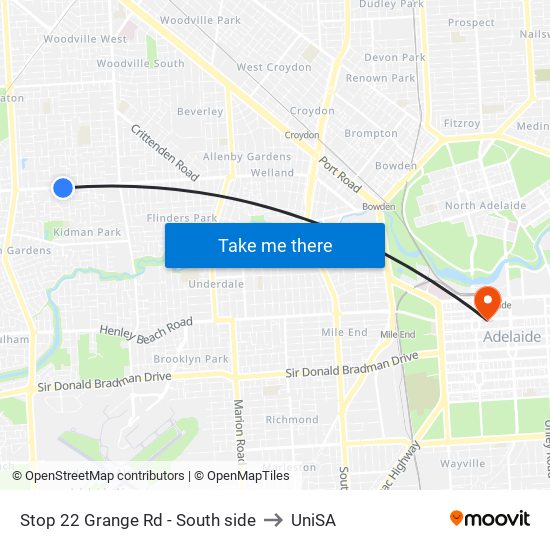 Stop 22 Grange Rd - South side to UniSA map