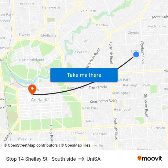 Stop 14 Shelley St - South side to UniSA map