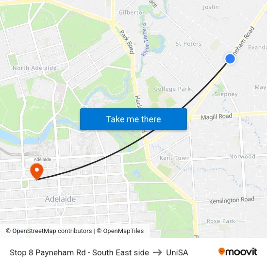 Stop 8 Payneham Rd - South East side to UniSA map