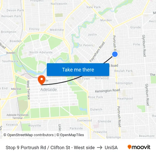 Stop 9 Portrush Rd / Clifton St - West side to UniSA map