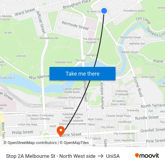 Stop 2A Melbourne St - North West side to UniSA map