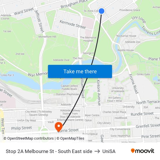 Stop 2A Melbourne St - South East side to UniSA map