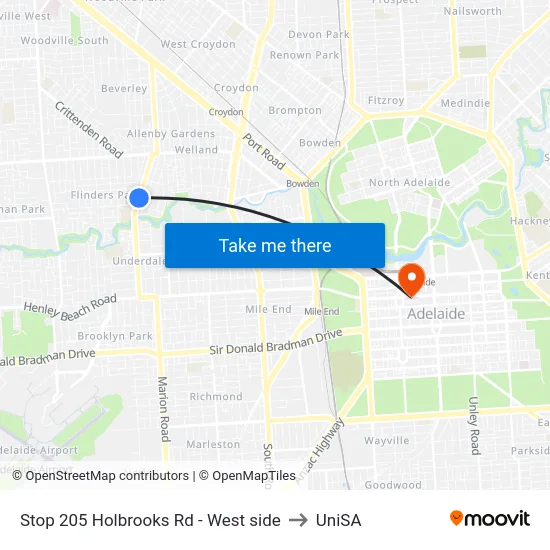 Stop 205 Holbrooks Rd - West side to UniSA map