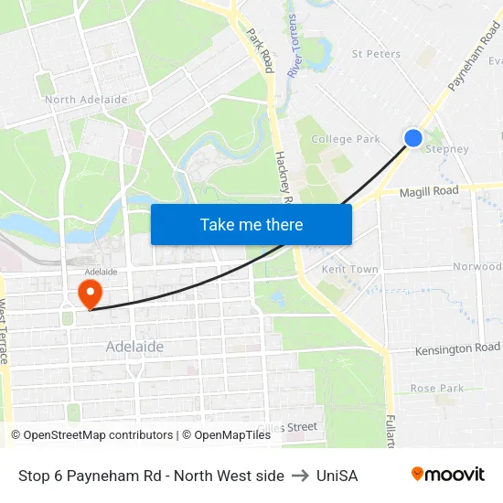 Stop 6 Payneham Rd - North West side to UniSA map