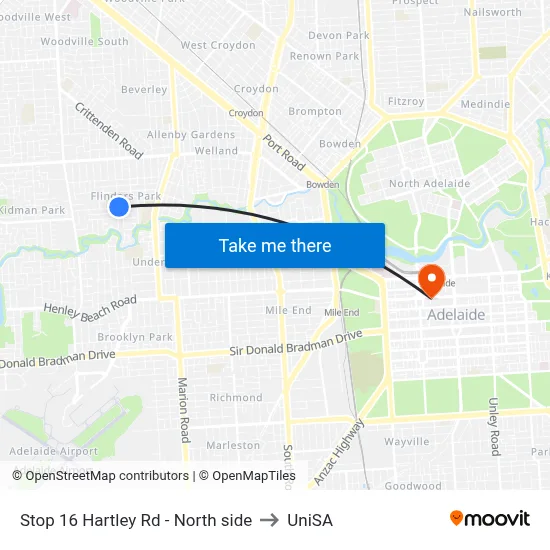 Stop 16 Hartley Rd - North side to UniSA map