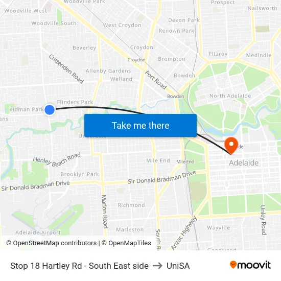 Stop 18 Hartley Rd - South East side to UniSA map