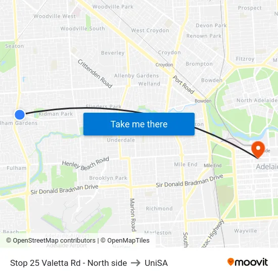 Stop 25 Valetta Rd - North side to UniSA map