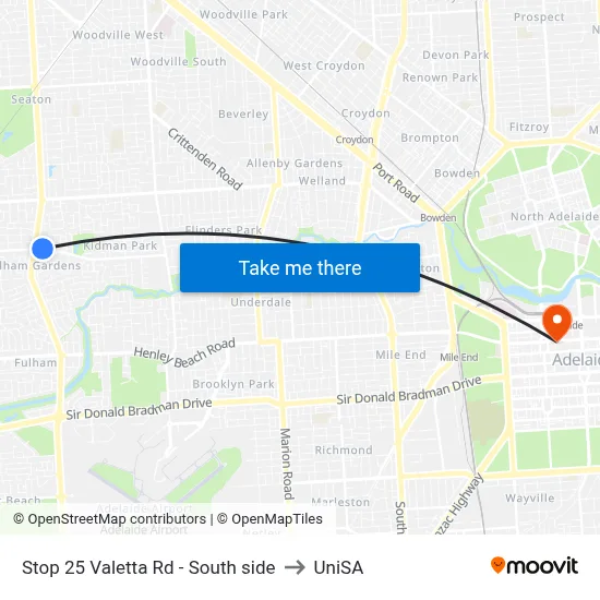 Stop 25 Valetta Rd - South side to UniSA map