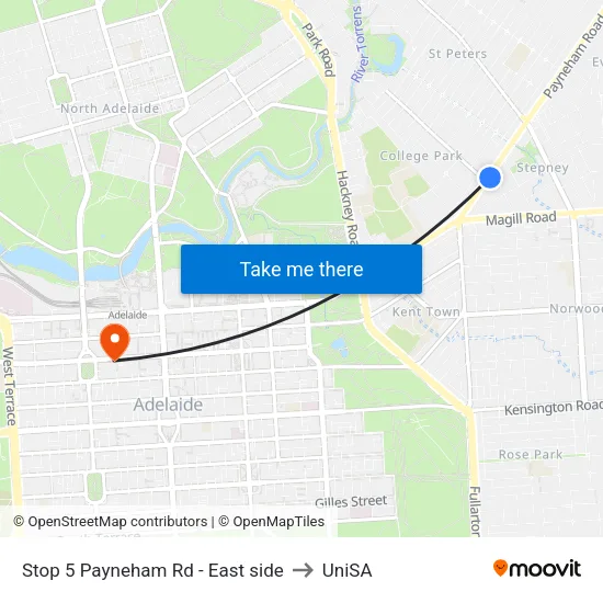 Stop 5 Payneham Rd - East side to UniSA map