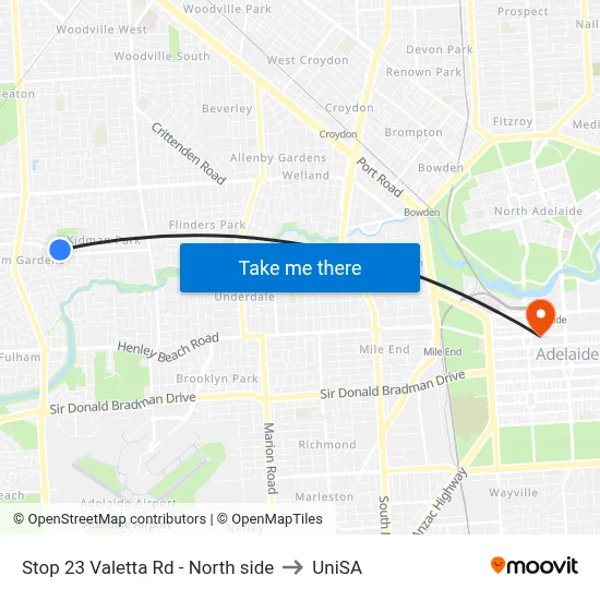 Stop 23 Valetta Rd - North side to UniSA map
