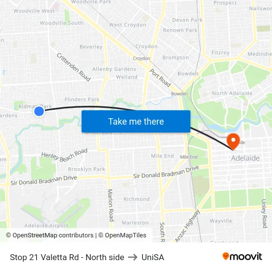 Stop 21 Valetta Rd - North side to UniSA map