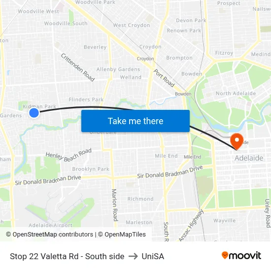 Stop 22 Valetta Rd - South side to UniSA map