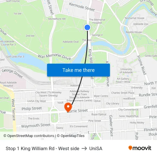 Stop 1 King William Rd - West side to UniSA map
