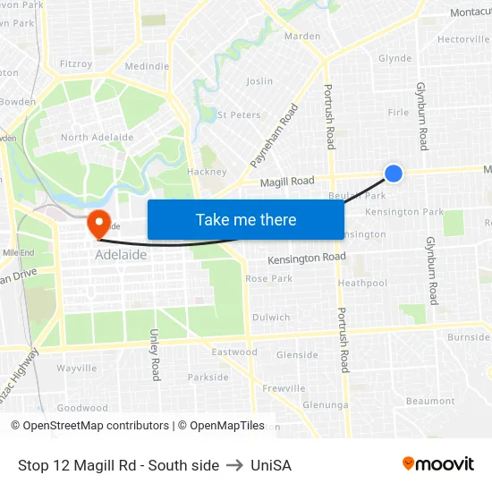 Stop 12 Magill Rd - South side to UniSA map
