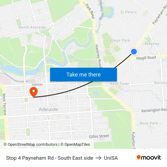 Stop 4 Payneham Rd - South East side to UniSA map