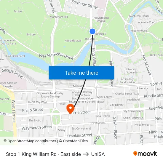 Stop 1 King William Rd - East side to UniSA map