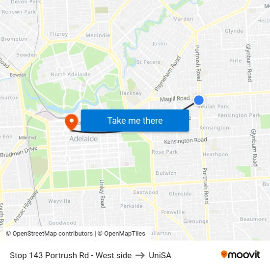 Stop 143 Portrush Rd - West side to UniSA map
