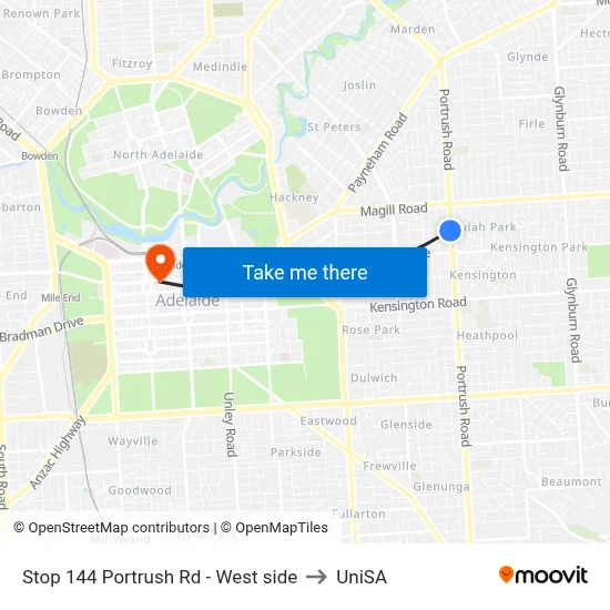 Stop 144 Portrush Rd - West side to UniSA map